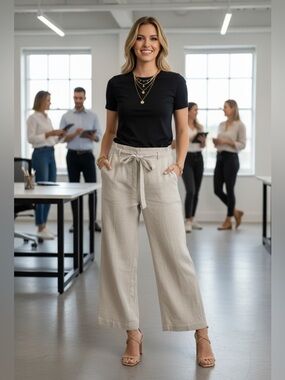 Ann Taylor Petite Tan Linen Blend Wide Leg Tie Waist Trousers 6P oatmeal